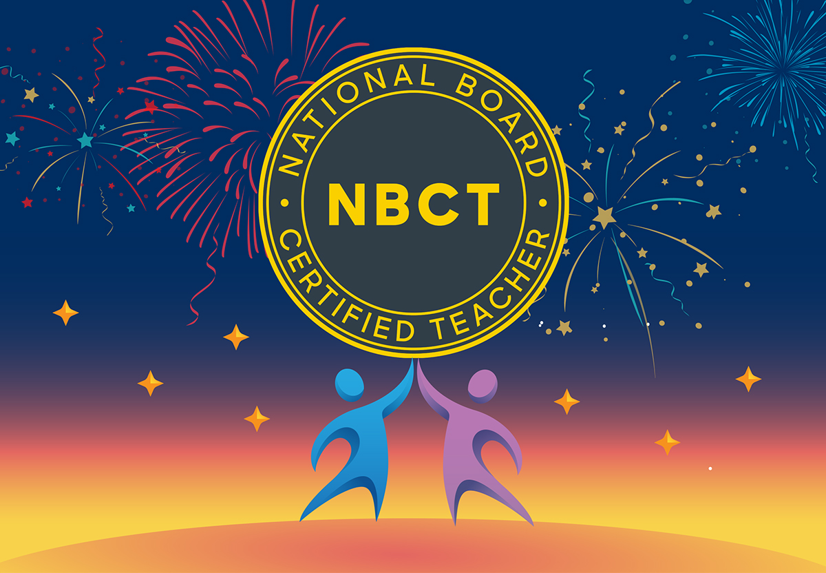 image of NBCT logo (disk) being raised to the sky by two abstracted figures, with fireworks in the sky framing the logo