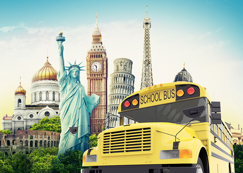 school bus in collage with landmarks