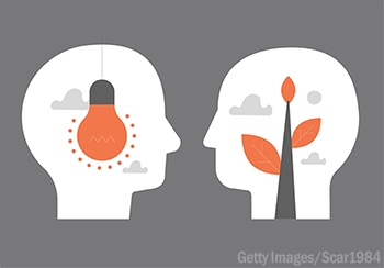 profile of two heads showing a light bulb in one and a plant growing in the other