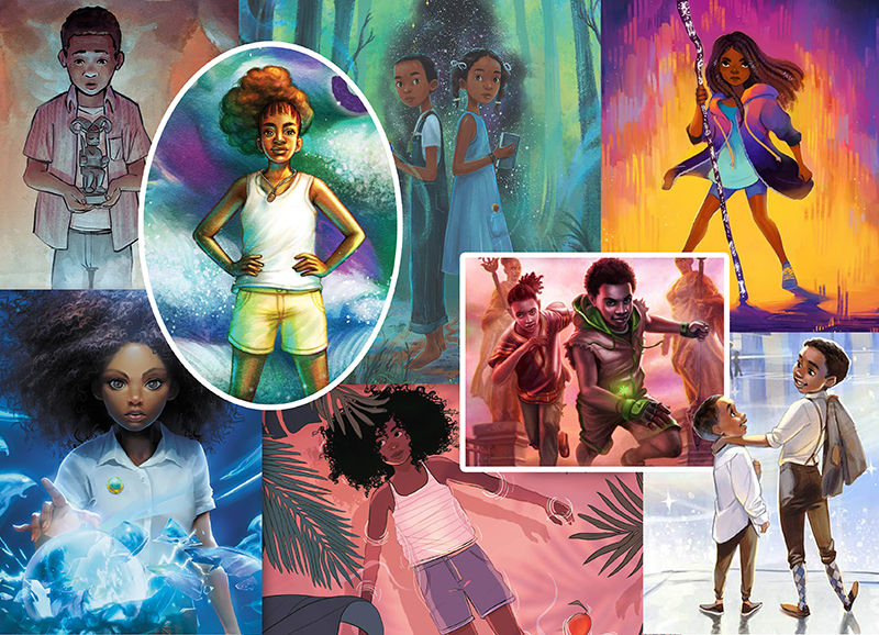 Montage of details from the eight covers showing depictions of the tween protagonists.