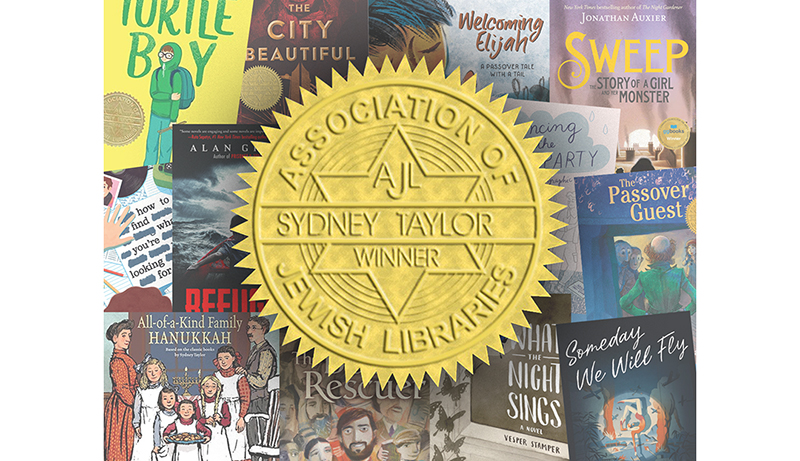 Sydney Taylor awards seal with book cover collage