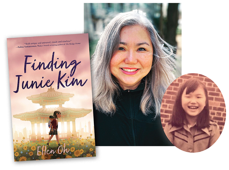 Finding Junie Kim (cover), Ellen Oh portrait, and childhood photo