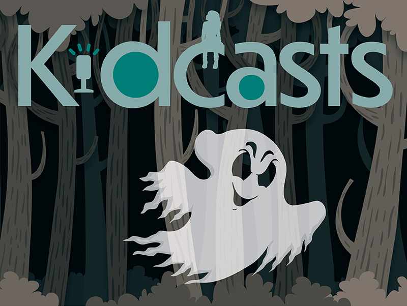 Kidcasts logo with ghost graphic
