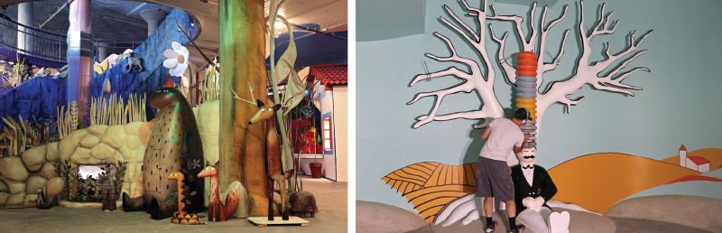 images From the left: Through reeds, a view of Frog and Toad is adjacent to critters from I Want My Hat Back; Fabricator Scott Hobart perfects a Hats for Sale display. 