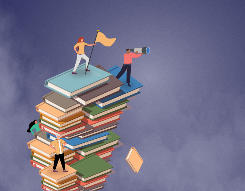 Graphic showing librarians perched atop a mountain of books, taking a stand.