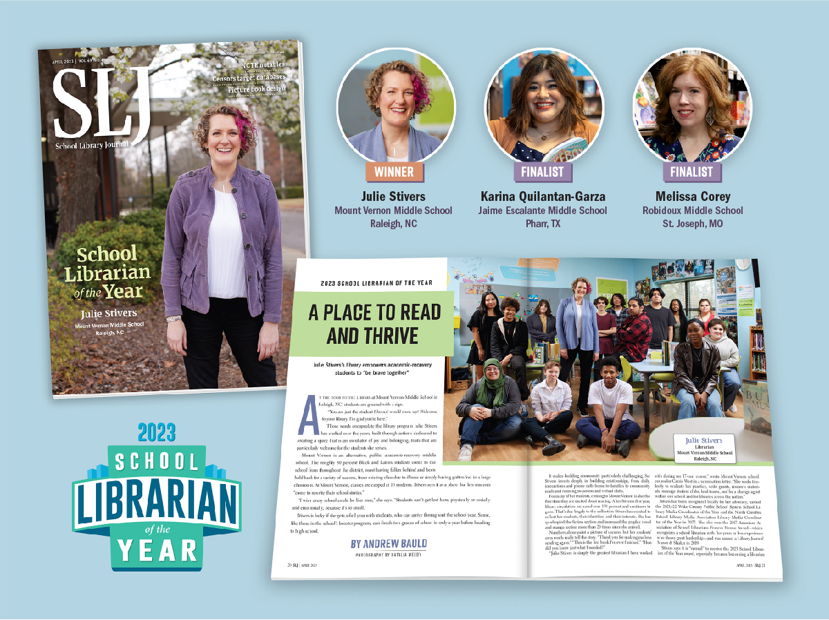 School Librarian of the Year SLJ print magazine cover and interior spread graphic
