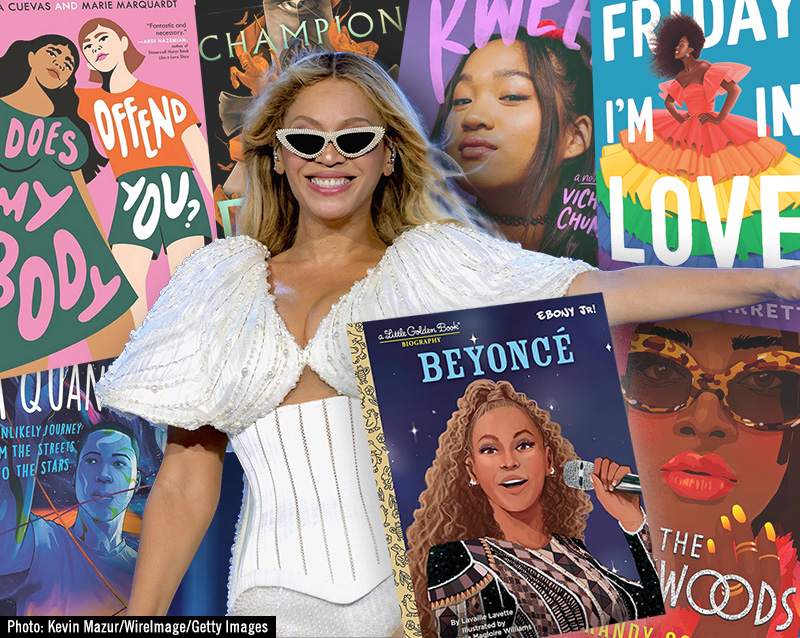 Photo of Beyonce from the Renaissance tour, amongst a montage of book covers from this article.
