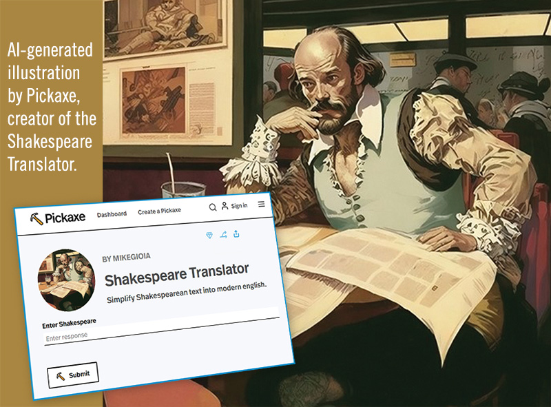 AI generated image of William Shakespeare at a diner, from Pickaxe Project, creators of the Shakespeare Translator.