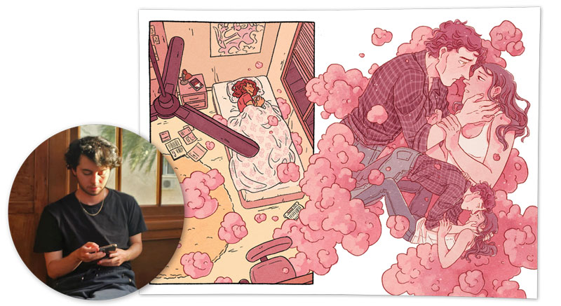 Interior art from the graphic novel, Sunhead by Alex Assan (left).