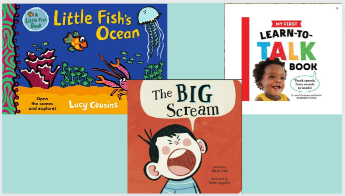 Three book covers, one of a boy screaming, one of a Black baby talking and one of shapes