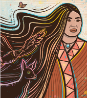 Indigenous woman in brown robe with wavy long flowing black hair