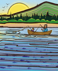 Peaceful woodcut-like illustration of canoe on blue water, green mountain behind, sunset