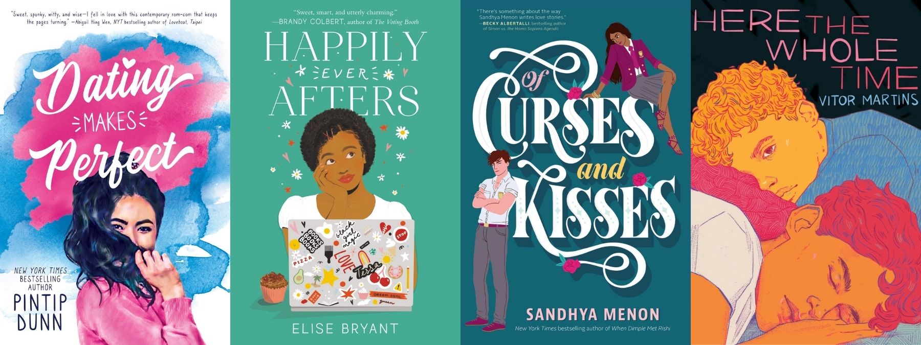 Dating Makes Perfect, Happily Ever Afters, Of Curses and Kisses, and Here the Whole Time covers