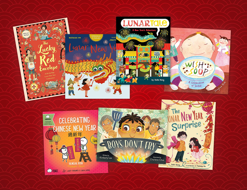 Seven covers of board books and picture books that celebrate Lunar New Year.